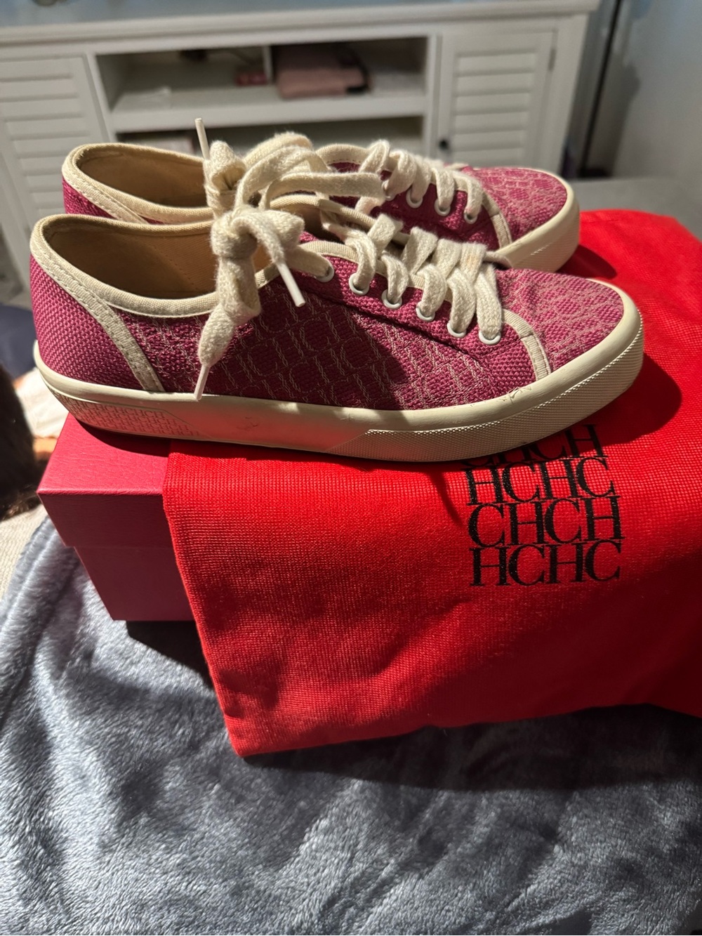 Carolina Herrera Pink Canvas Logo-Print Low-Top Sneakers with Cream Trim